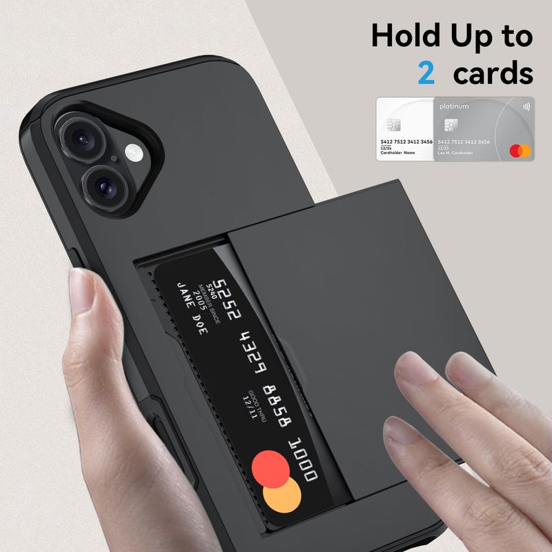 QMAY Compatible with iPhone 16 Plus Case with Card Holder, Dual Layer Shockproof,Heavy Duty Protective Hidden Slot Slim Wallet Phone Cover，Black - Image 3